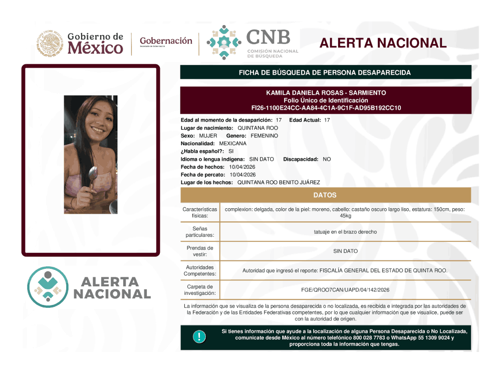 Persona desaparecida 	Kamila Daniela Rosas Sarmiento