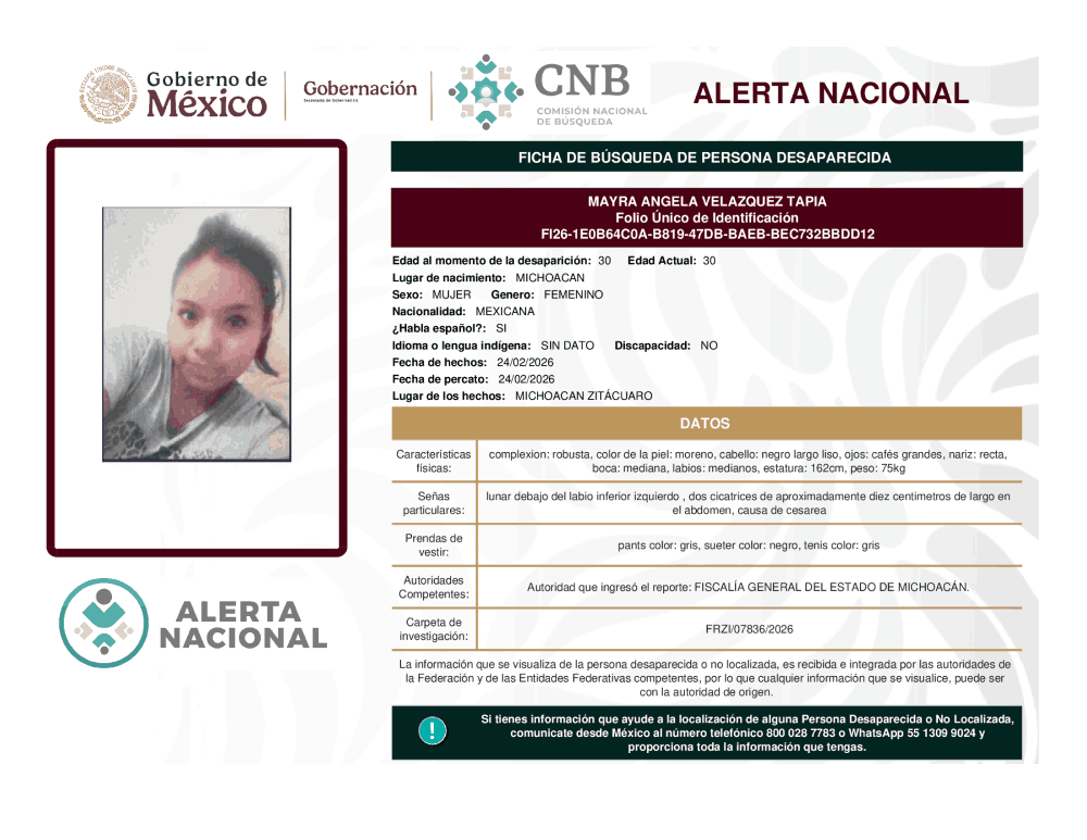 Persona desaparecida Mayra Angela Velázquez Tapia