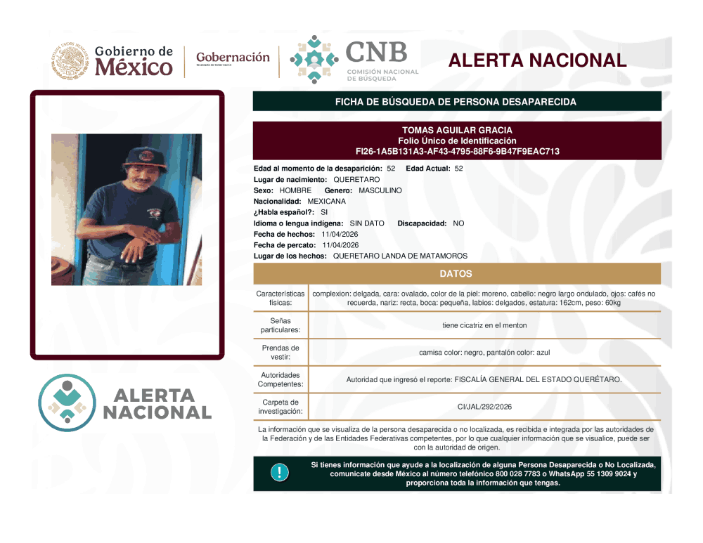 Persona desaparecida Tomas Aguilar Gracia