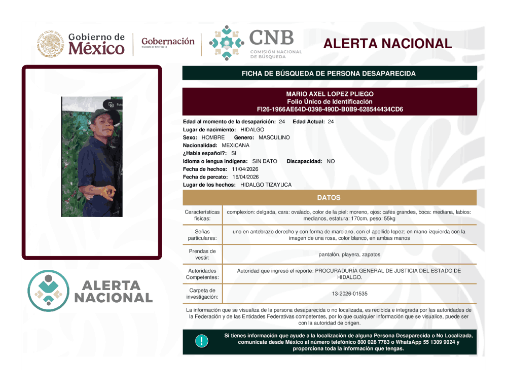 Persona desaparecida Mario Axel López Pliego