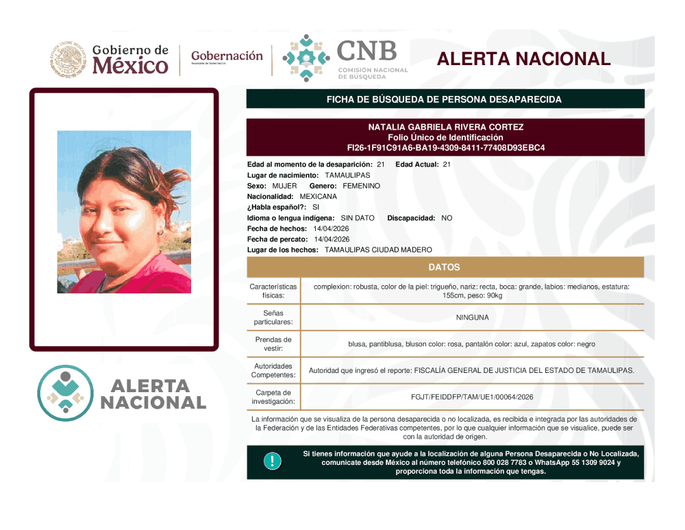 Persona desaparecida Natalia Gabriela Rivera Cortez