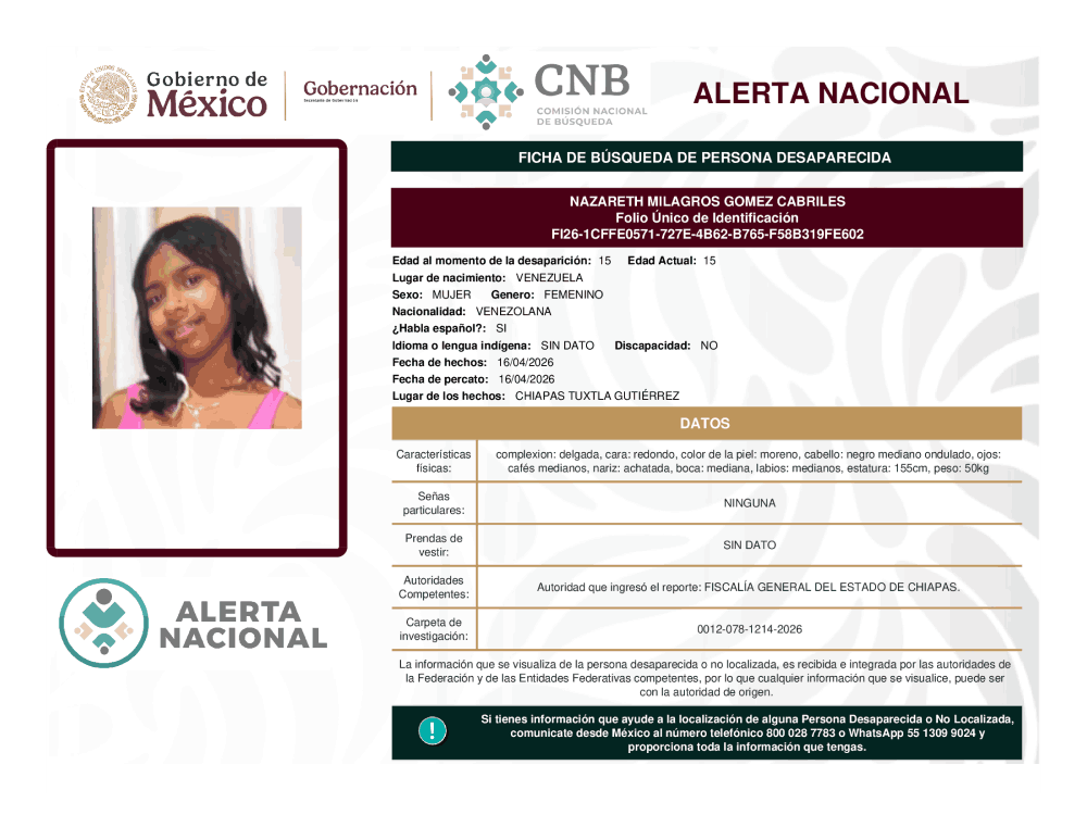 Persona desaparecida Nazareth Milagros Gómez Cabriles