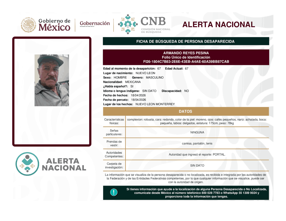Persona desaparecida Armando Reyes Pesina