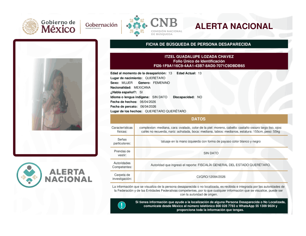 Persona desaparecida Itzel Guadalupe Lozada Chávez