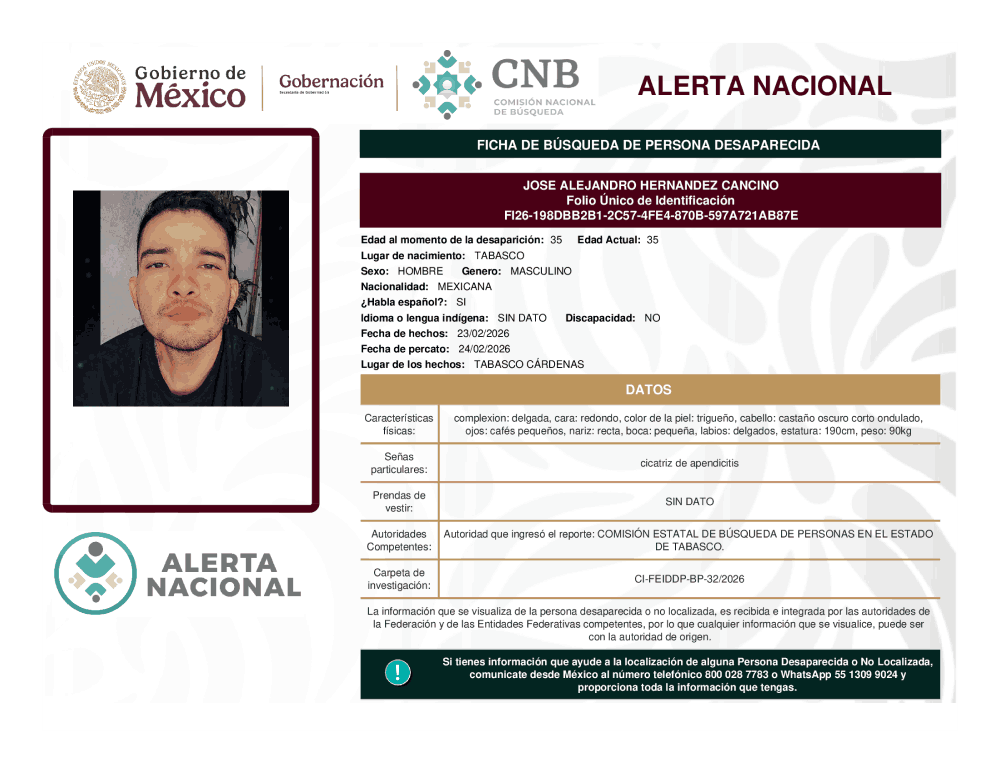 Persona desaparecida José Alejandro Hernández Cancino