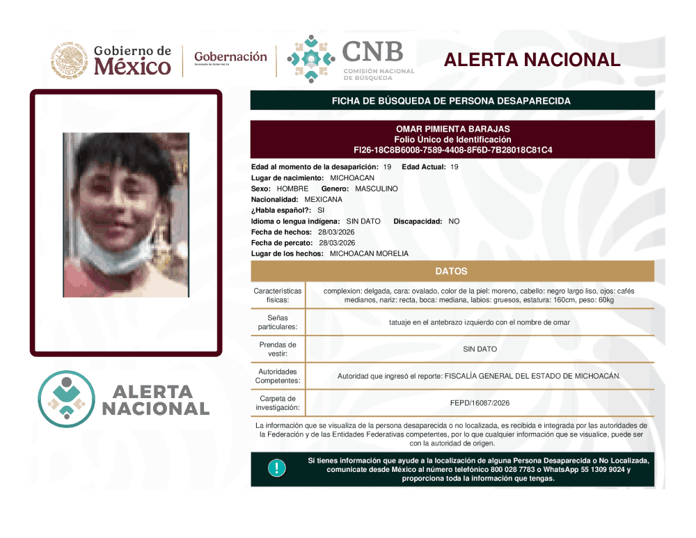 Persona desaparecida Omar Pimienta Barajas