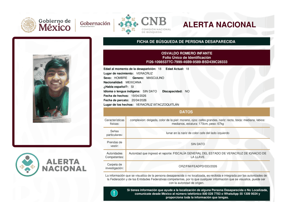 Persona desaparecida Osvaldo Romero Infante