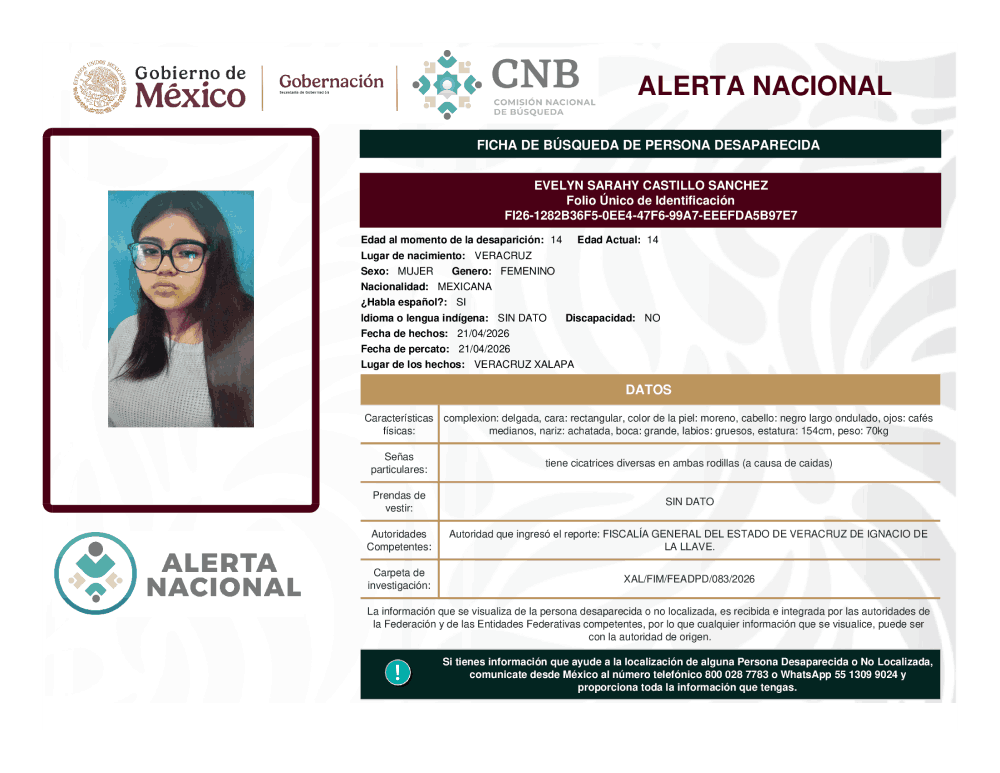 Persona desaparecida Evelyn Sarahy Castillo Sánchez