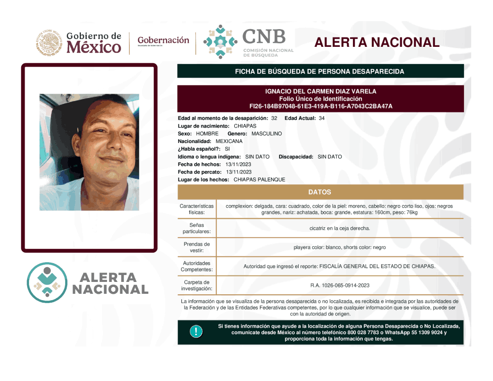 Persona desaparecida Ignacio del Carmen Díaz Varela