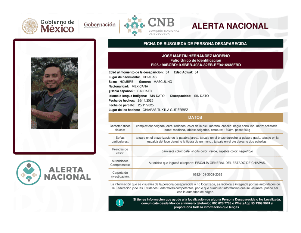 Persona desaparecida José Martín Hernández Moreno