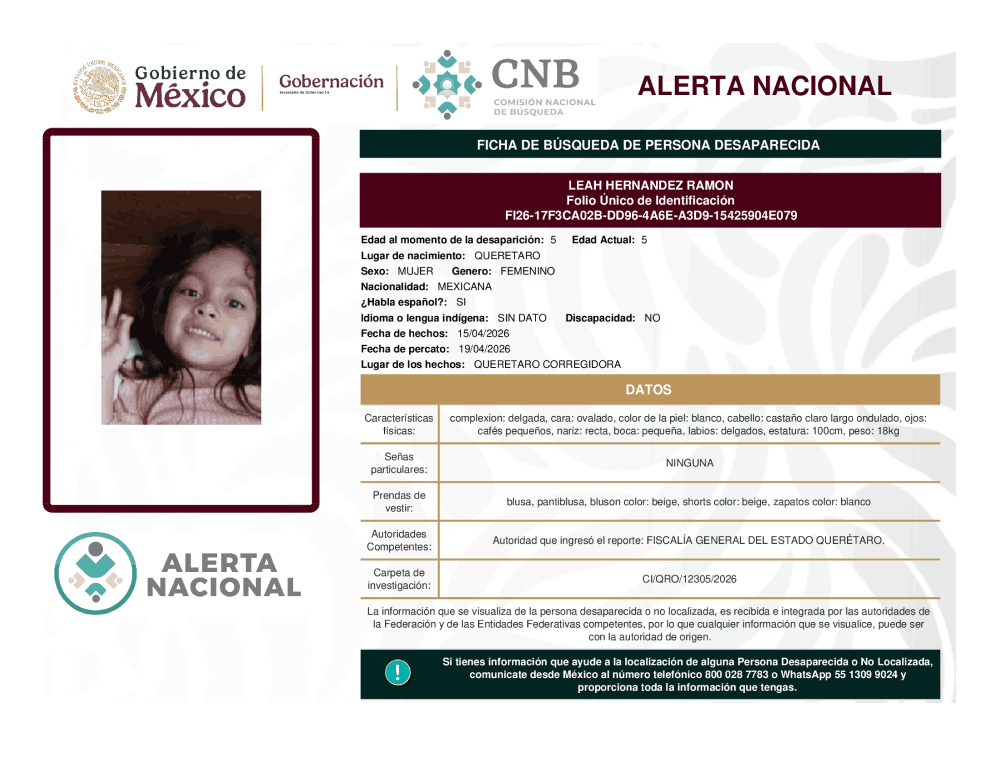 Persona desaparecida Leah Hernández Ramón