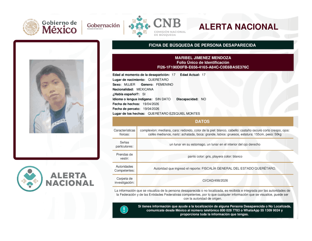 Persona desaparecida Maribel Jiménez Méndoza
