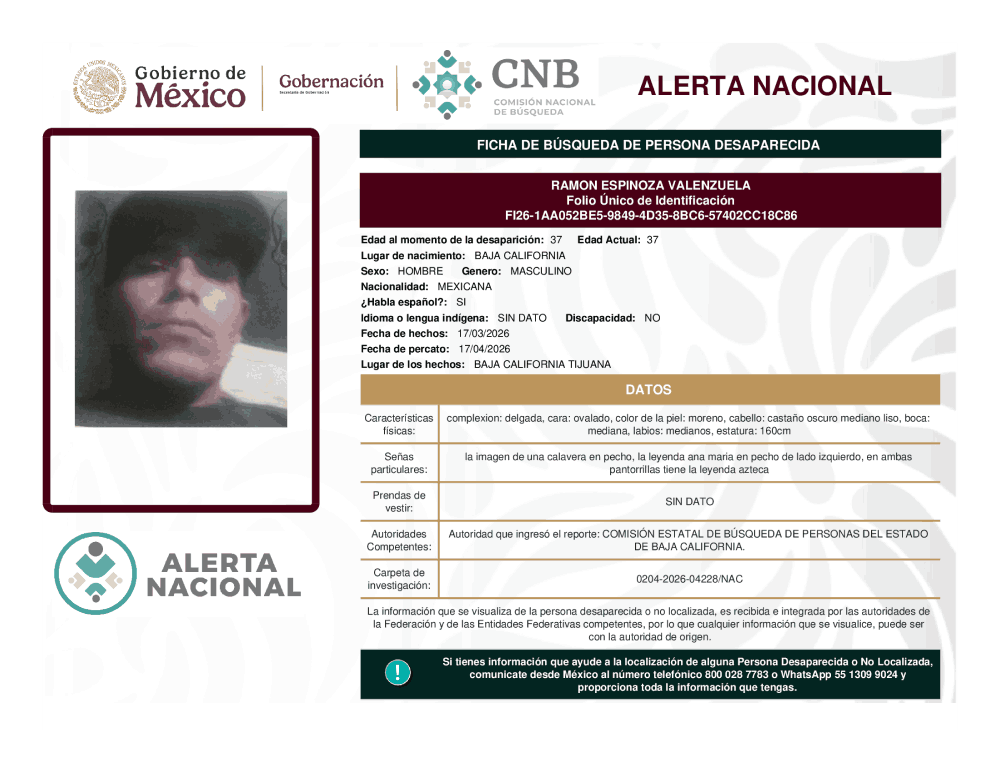 Persona desaparecida Ramón Espinoza Valenzuela