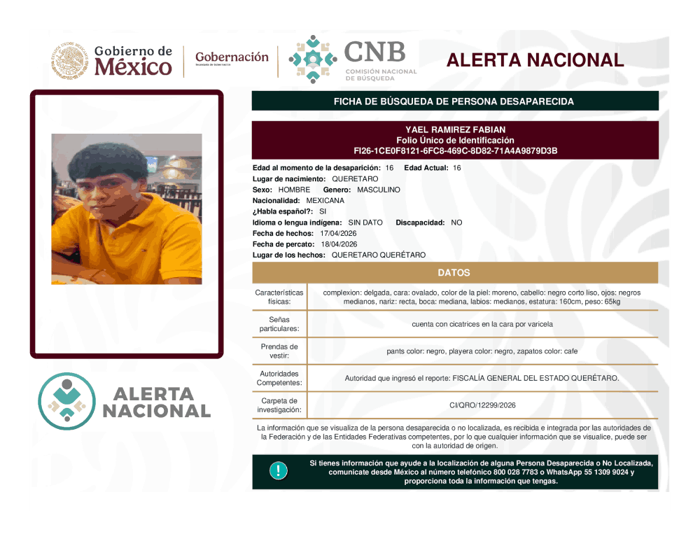 Persona desaparecida Yael Ramírez Fabian