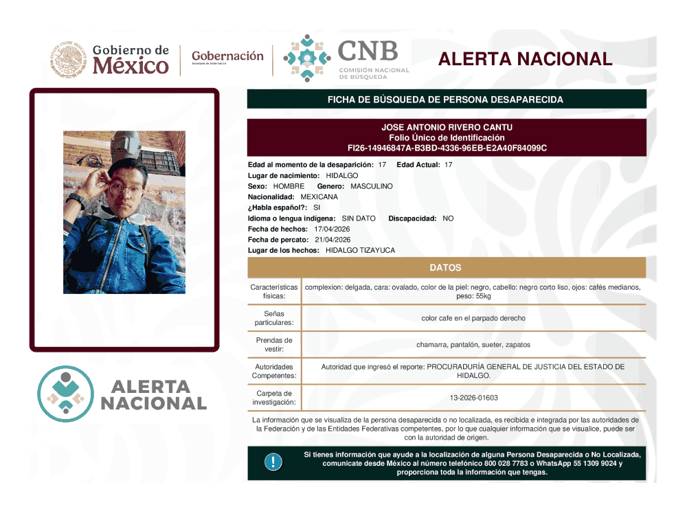 Persona desaparecida José Antonio Rivero Cantú