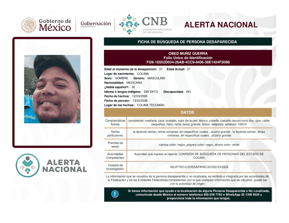 Persona desaparecida Obed Muñiz Guerra