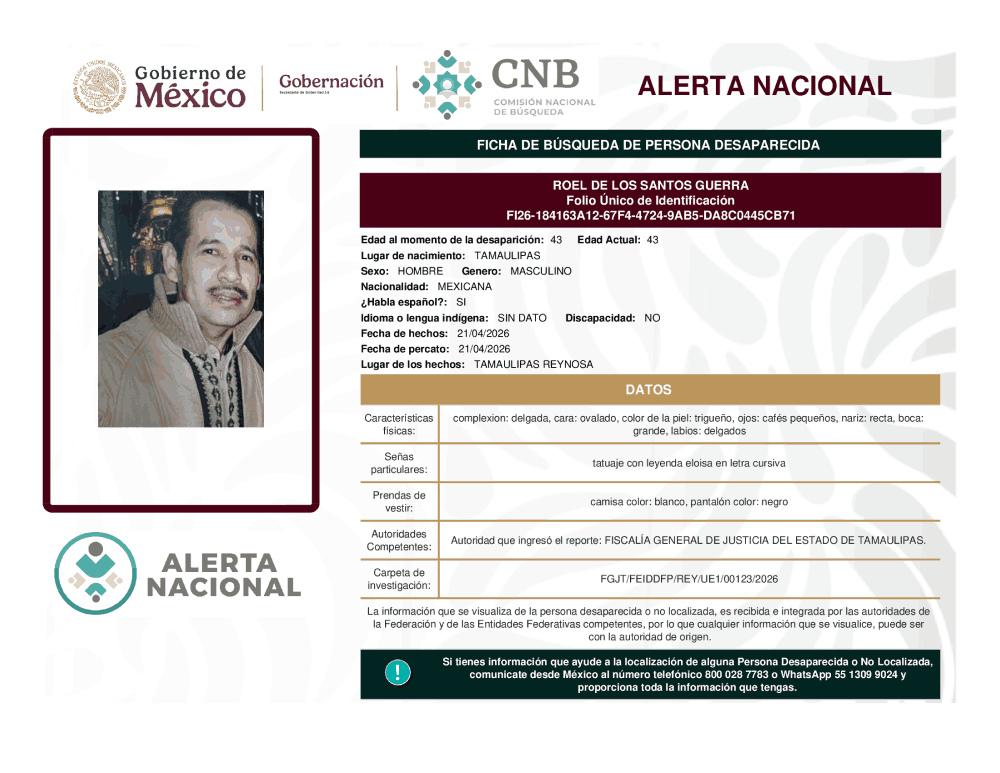 Persona desaparecida Roel de los Santos Guerra