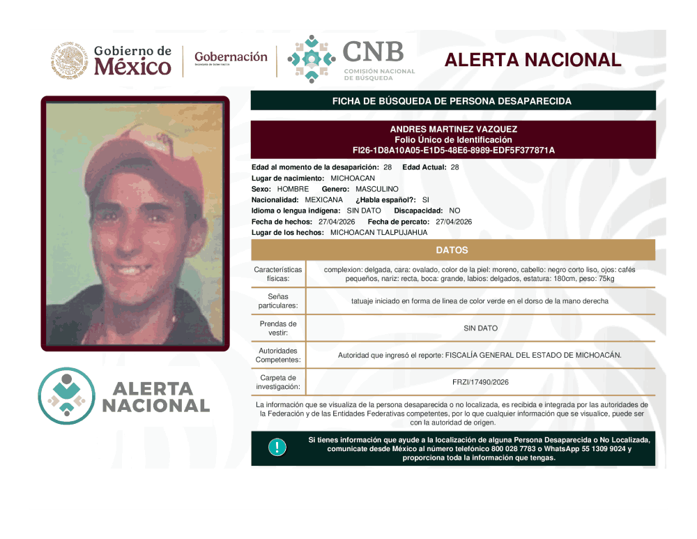 Persona desaparecida Ándres Martínez Vázquez