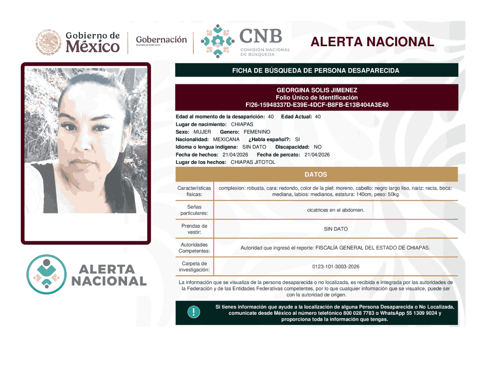 Persona desaparecida Georgina Solis Jiménez