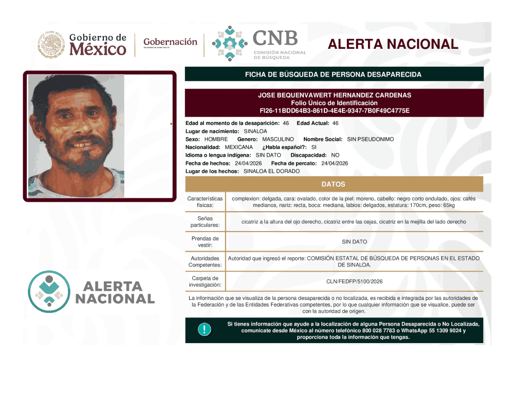 Persona desaparecida José Bequenvawert Hernández Cardenas