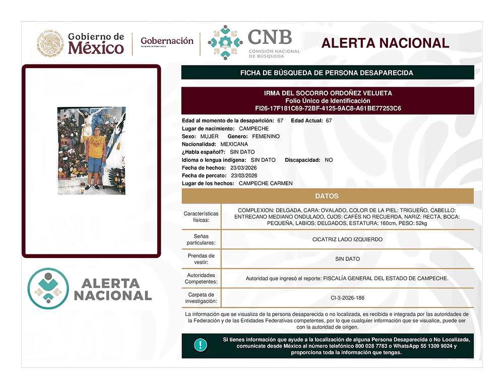 Persona desaparecida Irma del Socorro