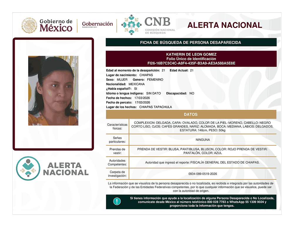 Persona desaparecida Katherin De Leon