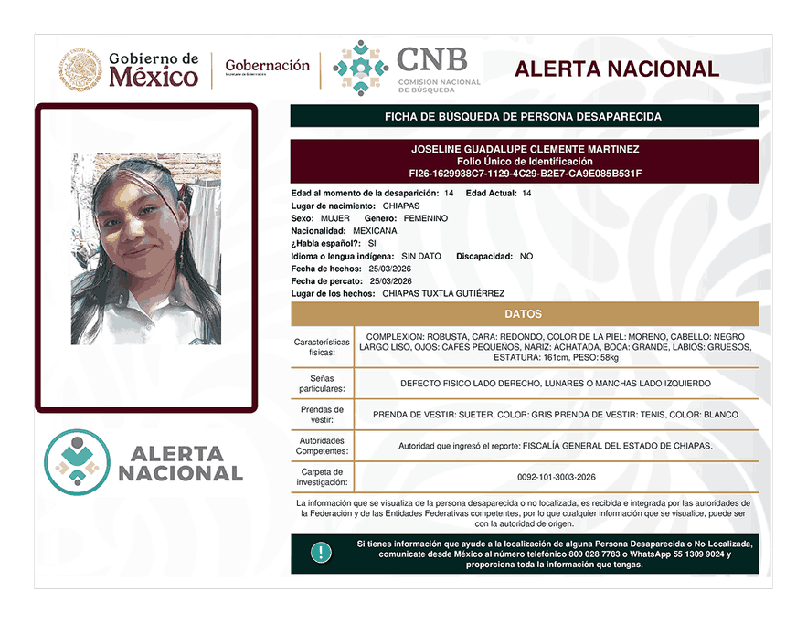 Persona desaparecida Joseline Guadalupe