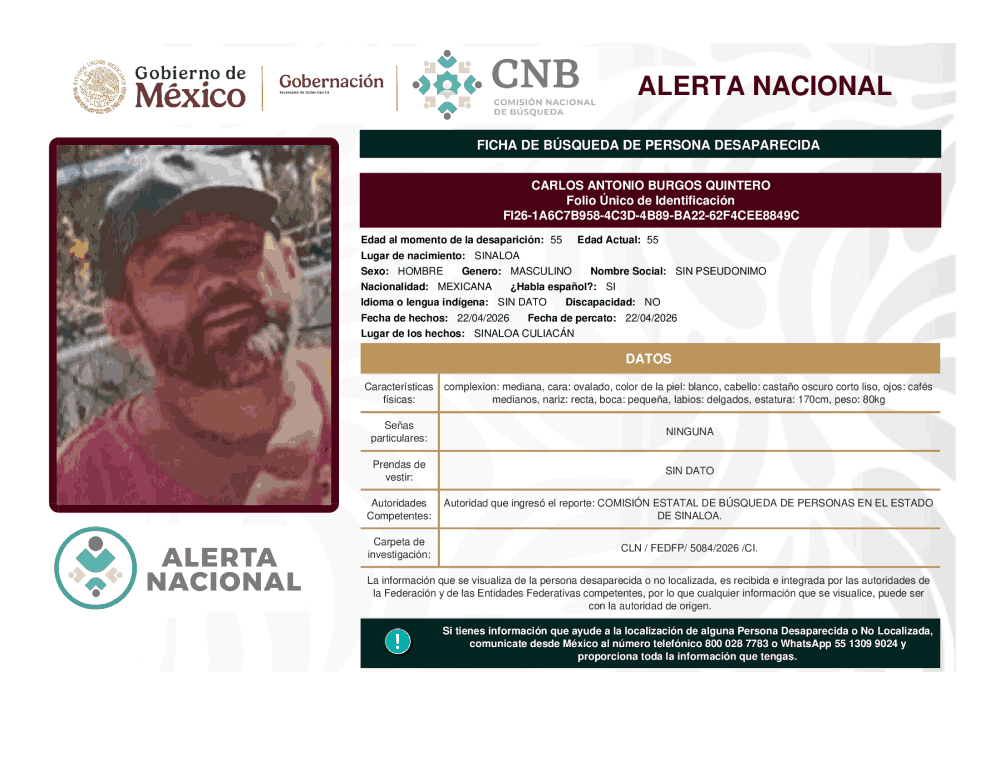 Persona desaparecida Carlos Antonio Burgos Quintero