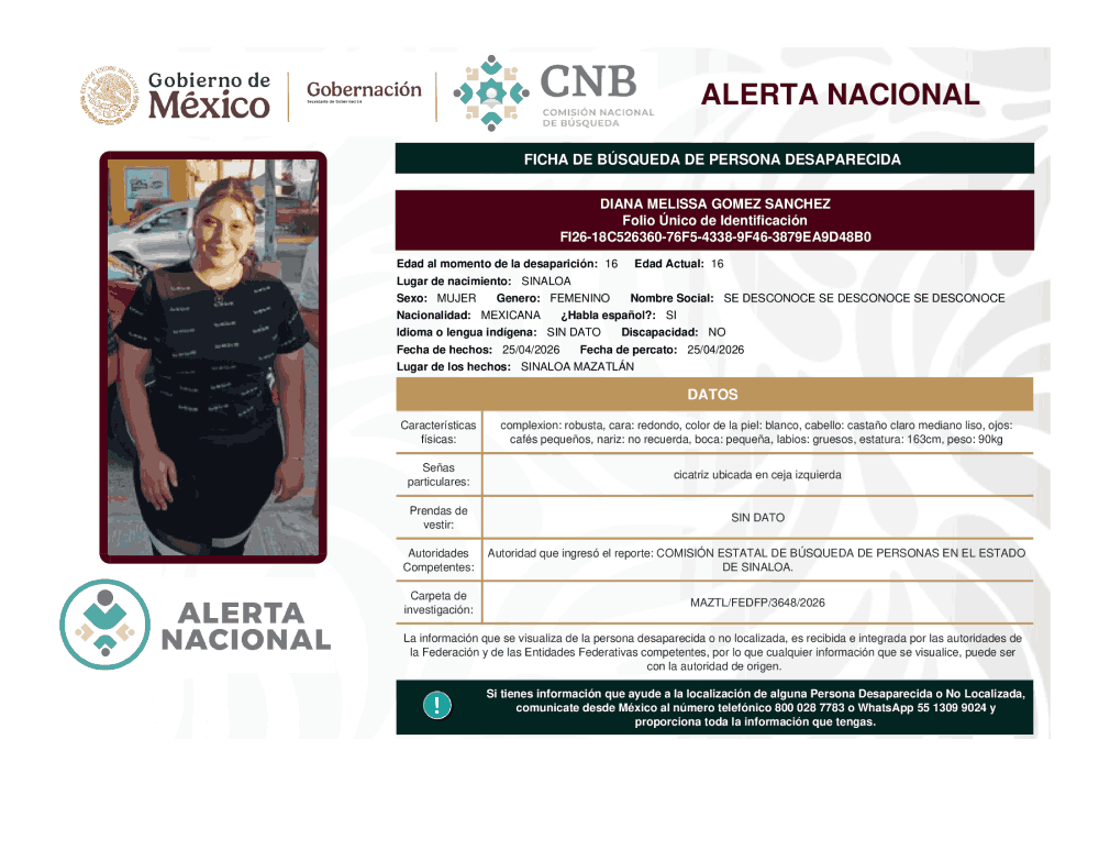 Persona desaparecida Diana Melissa Gómez Sánchez