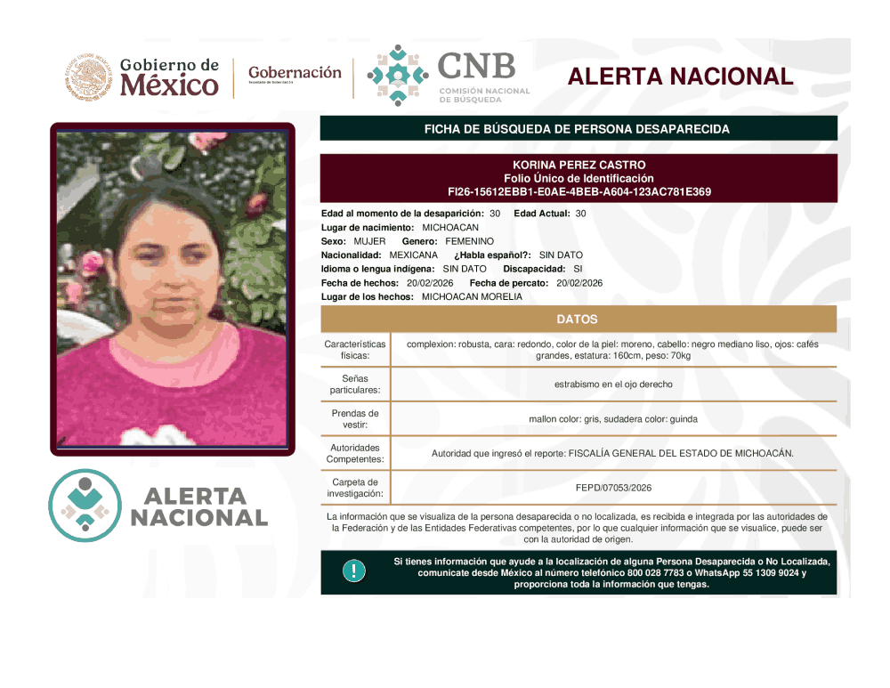 Persona desaparecida Korina Pérez Castro