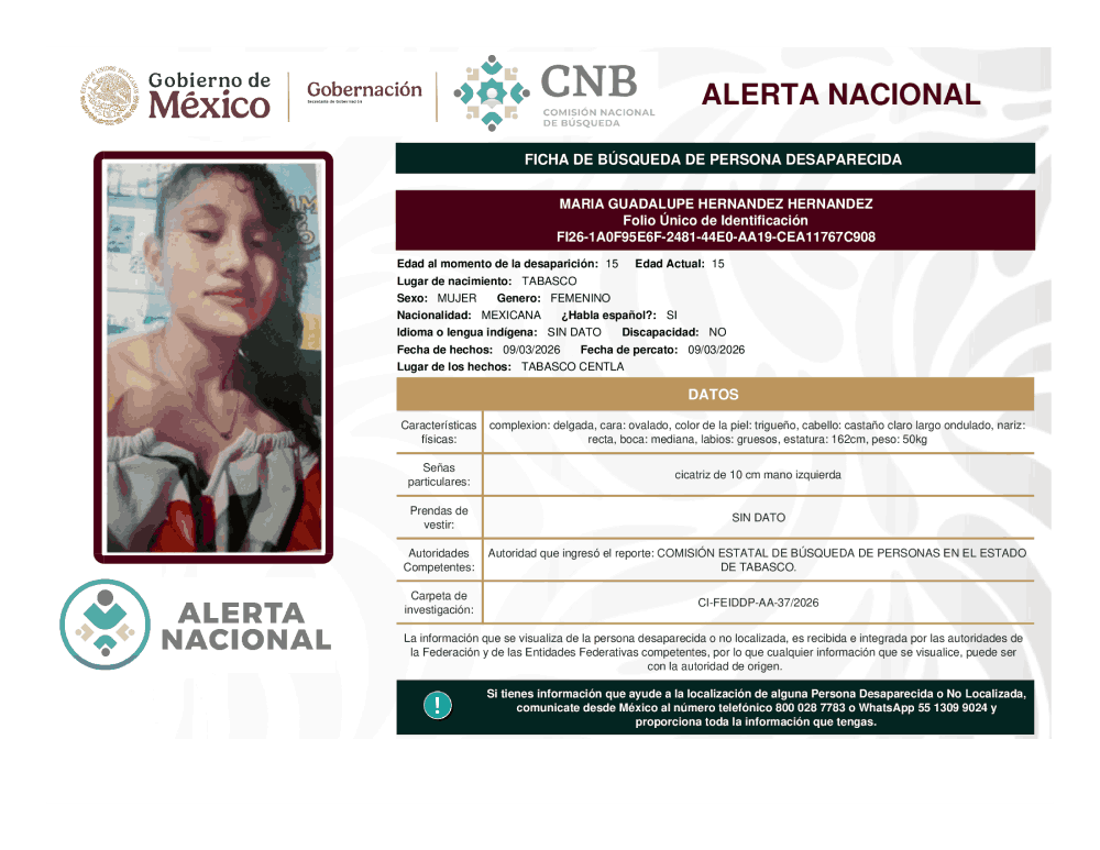Persona desaparecida María Guadalupe Hernández Hernández