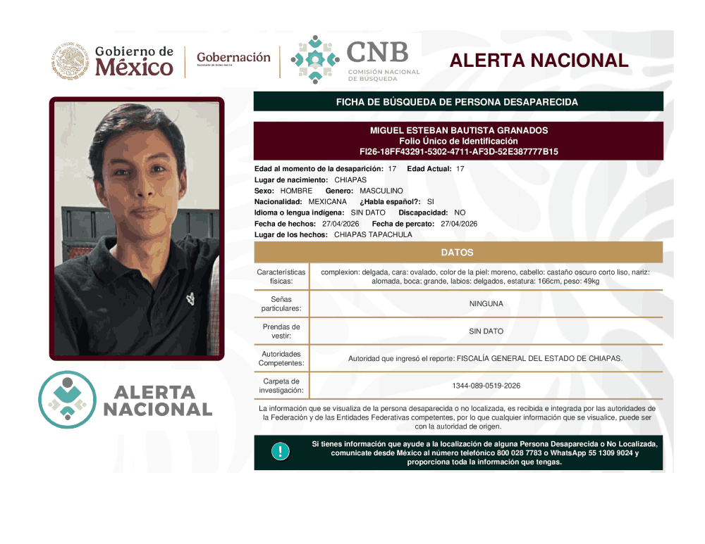 Persona desaparecida Miguel Esteban Bautista Granados