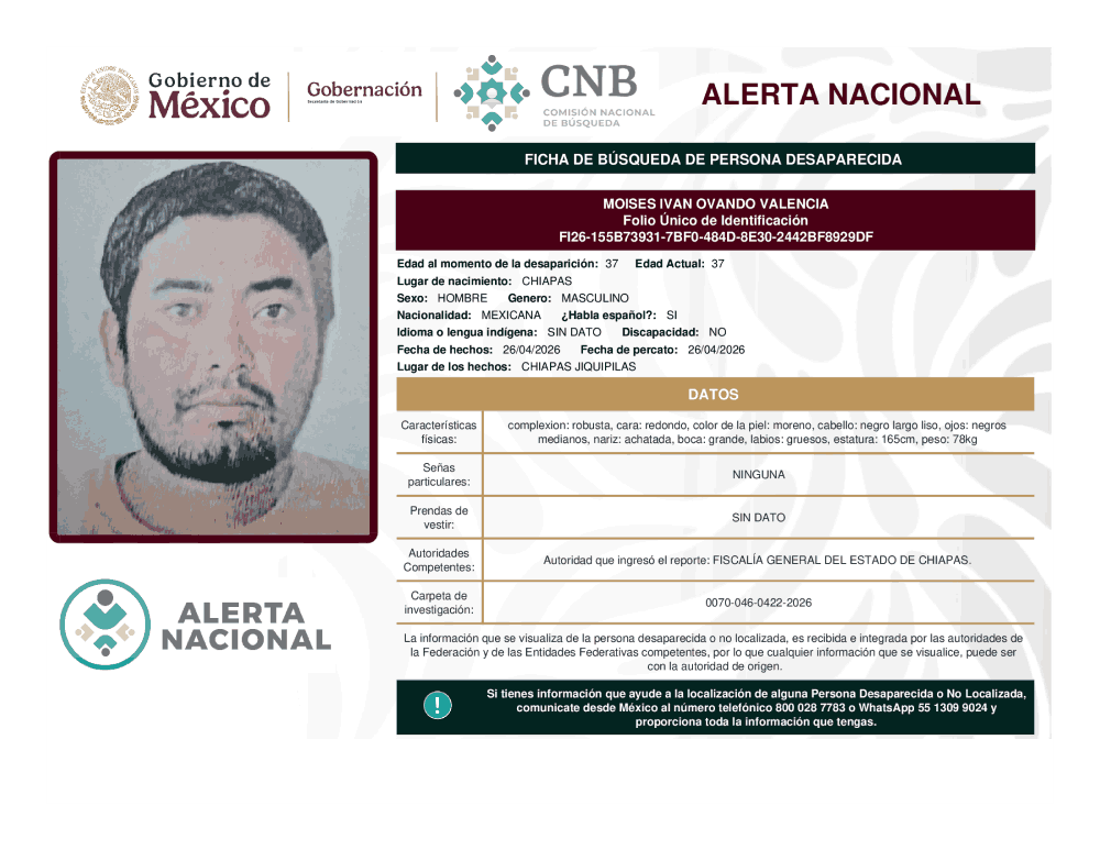 Persona desaparecida Moises Iván Ovando Valencia