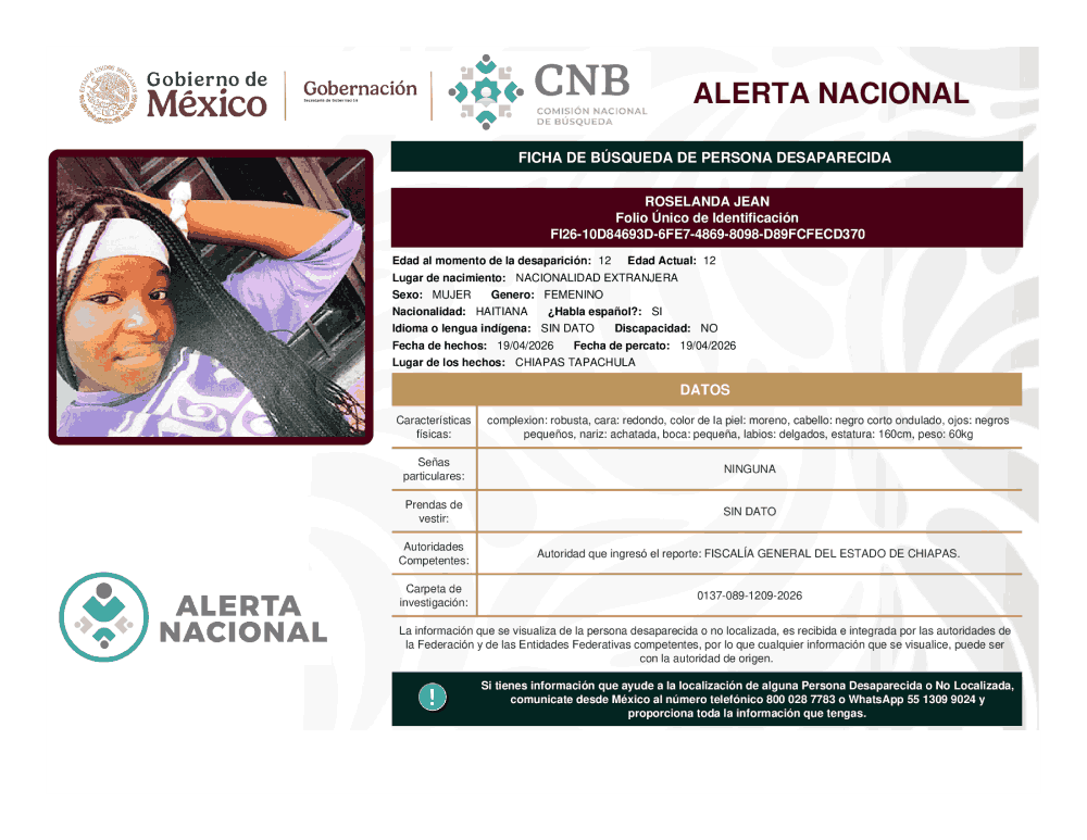 Persona desaparecida Roselanda Jean