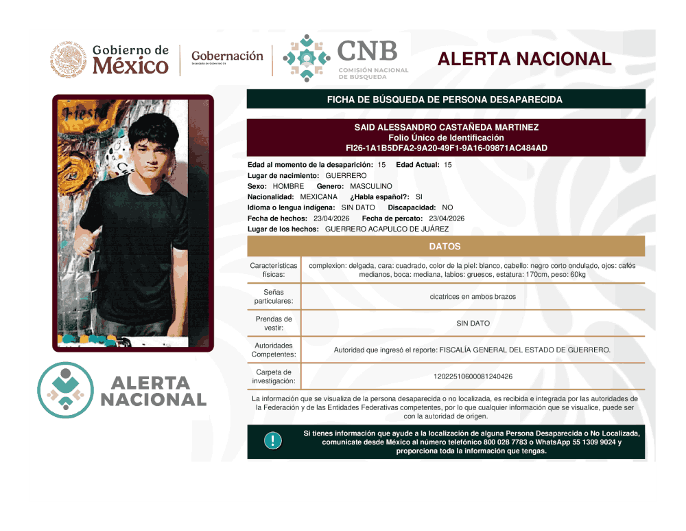 Persona desaparecida Said Alessandro Castaneda Martínez