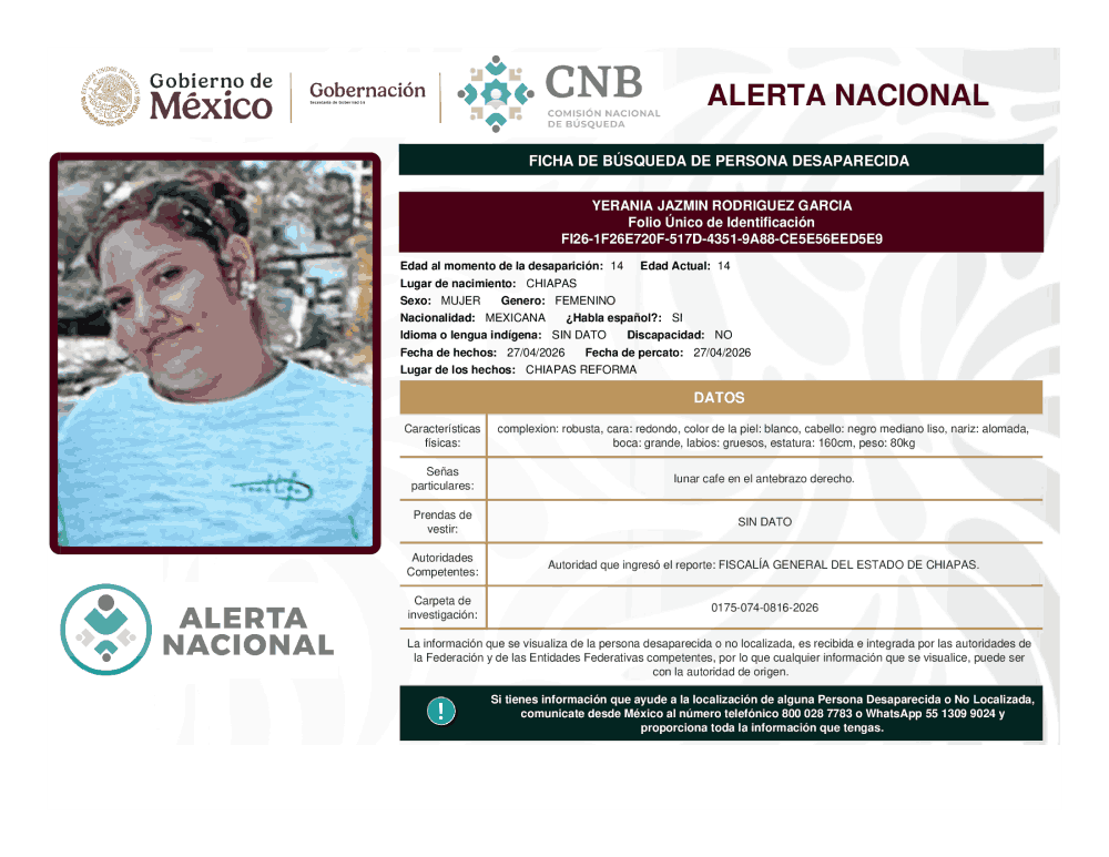 Persona desaparecida Yerania Jazmin Rodríguez García