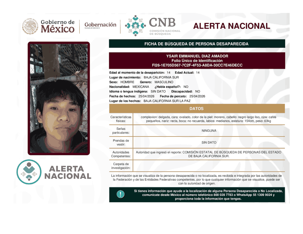 Persona desaparecida Ysair Emmanuel Díaz Amador