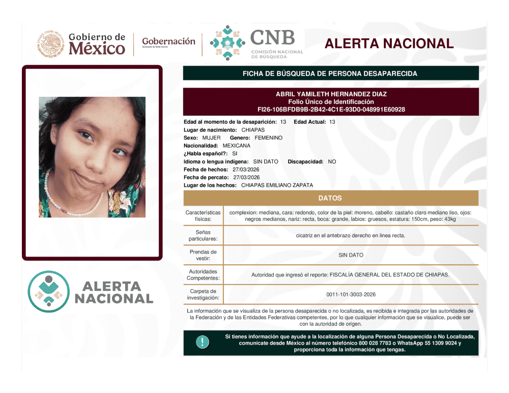 Persona desaparecida Abril Yamileth Hernandez Diaz
