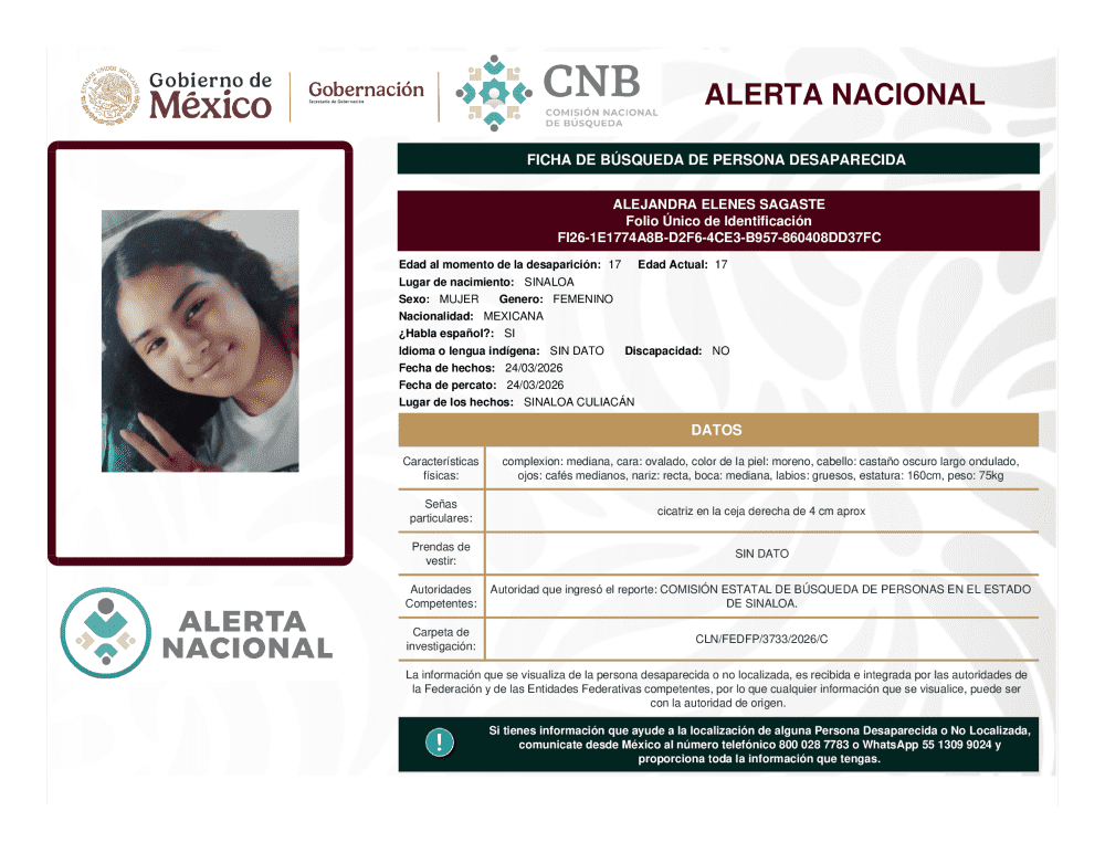 Persona desaparecida Alejandra Elenes Sagaste