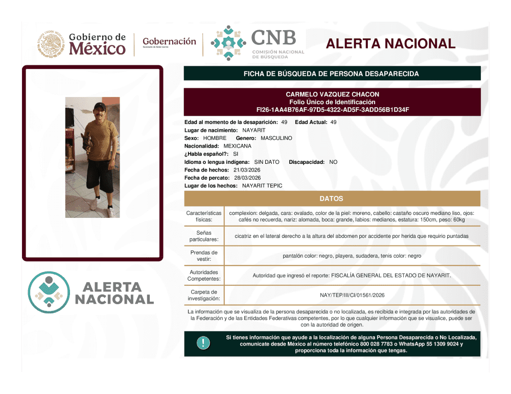 Persona desaparecida Carmelo Vazquez Chacon