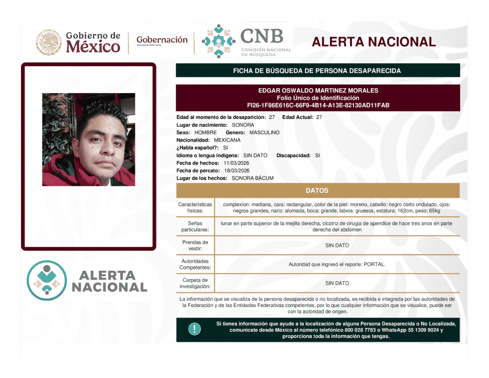 Persona desaparecida Edgar Oswaldo Martinez Morales