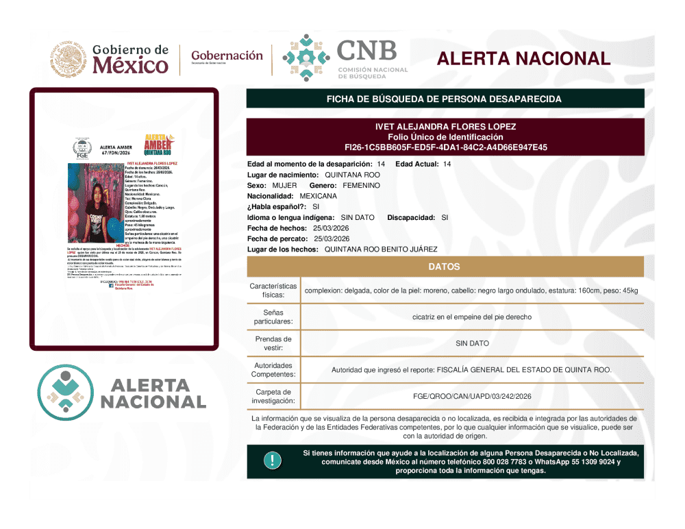 Persona desaparecida Ivet Alejandra Flores Lopez