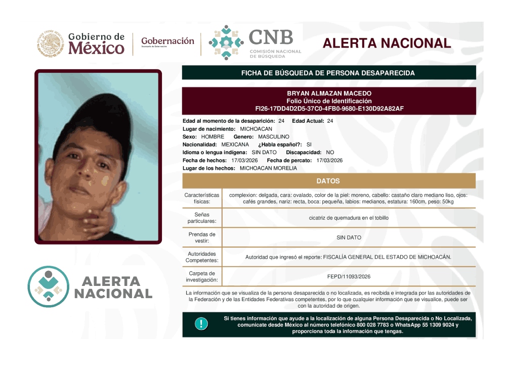 Persona desaparecida Bryan Almazan Macedo