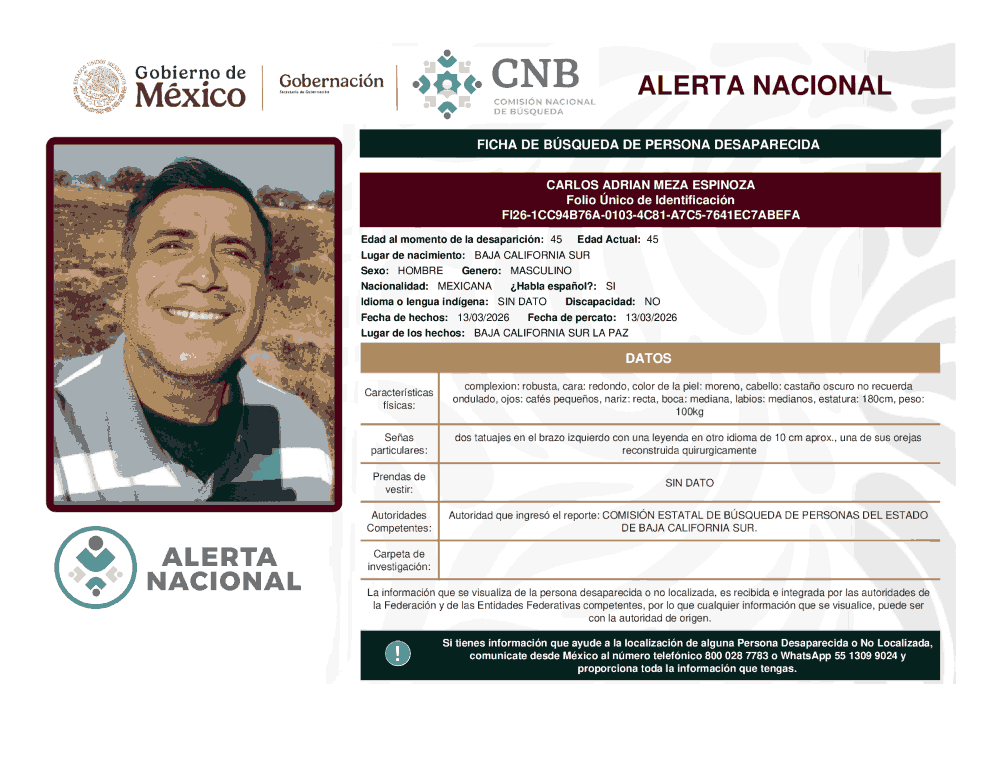 Persona desaparecida Carlos Adrian Meza Espinoza