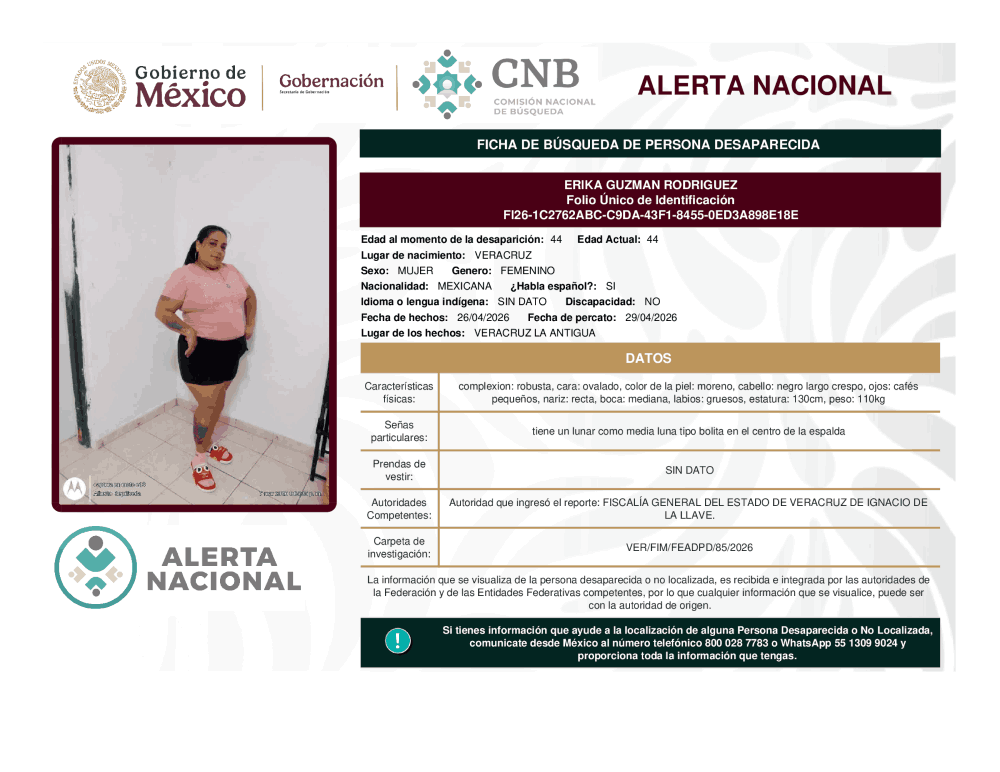 Persona desaparecida Erika Gúzman Rodríguez