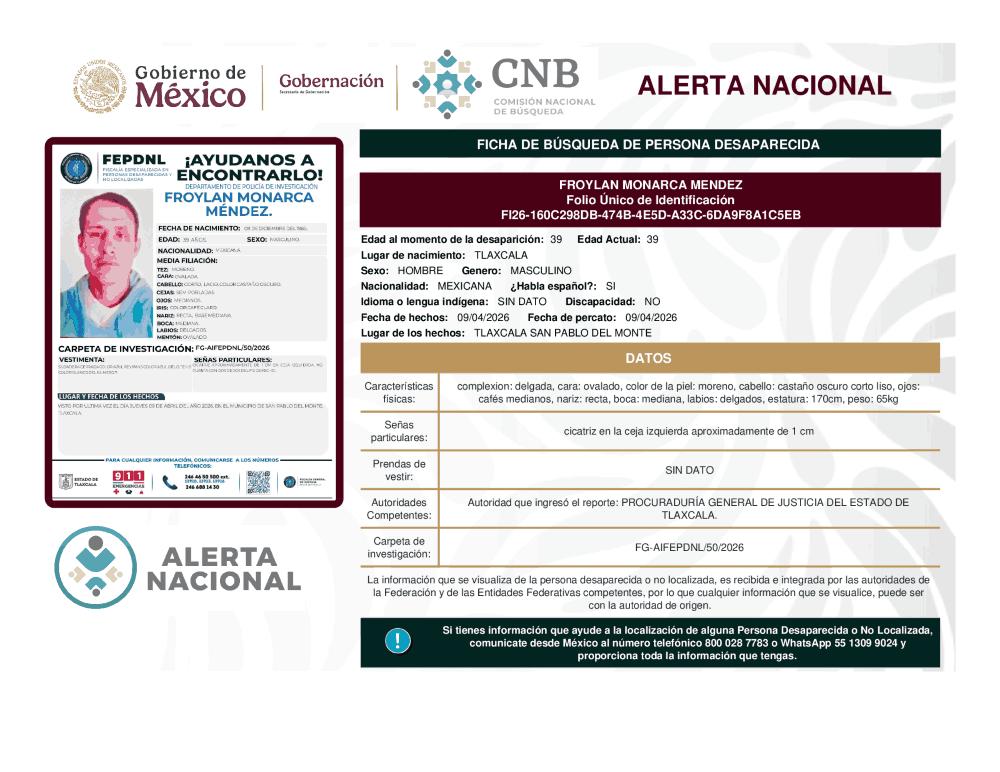 Persona desaparecida Froylan Monarca Méndez
