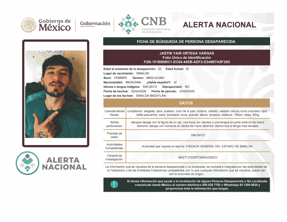 Persona desaparecida Jastin Yair Ortega Vargas