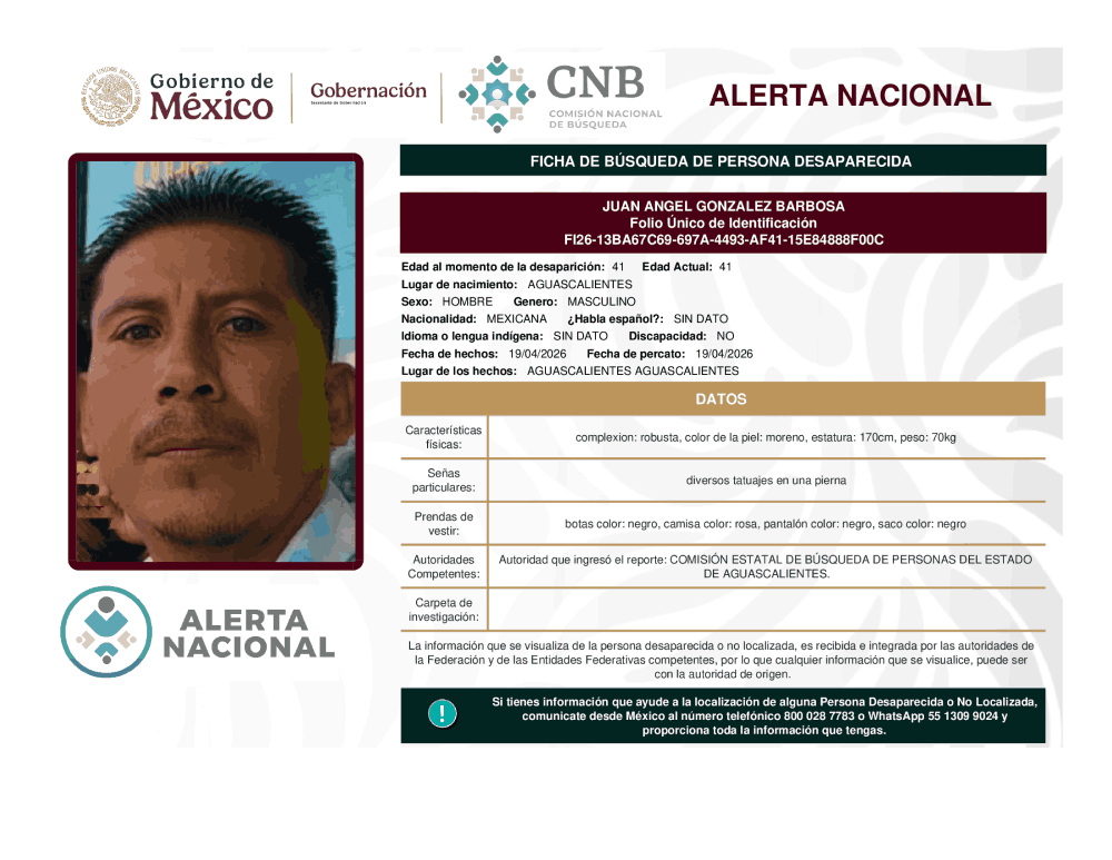 Persona desaparecida Juan Ángel González Barbosa