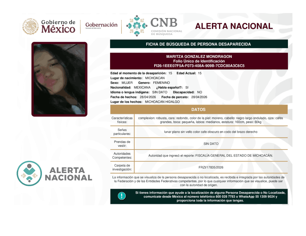 Persona desaparecida Maritza González Mondragon