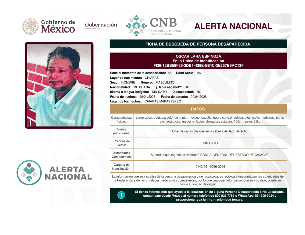 Persona desaparecida Oscar Lara Espinoza